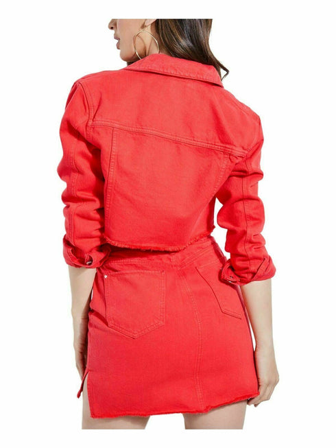 GUESS Womens Talia Micro-Cropped Cotton Red Denim Jacket New Size Large